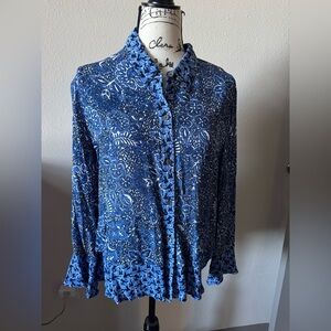 Habitat Blue Rayon Floral Women's Blouse Ruffle hem size M